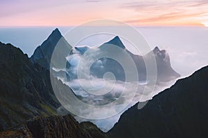 Aerial view Lofoten islands mountains landscape in Norway sunset scandinavian nature clouds and peaks