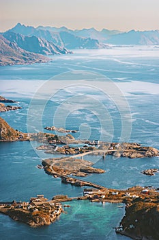 Aerial view Lofoten islands in Norway landscape road in sea travel drone scenery famous place