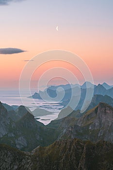 Aerial view Lofoten islands sunset landscape mountains and fjord in Norway travel beautiful destinations tranquil scenery