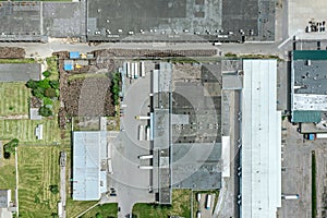Aerial view of logistics center in suburb industrial area from above