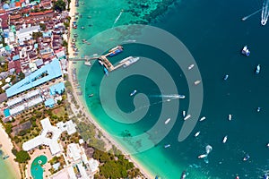 Aerial view of Loh Dalum and tonsai beach in koh Phi Phi islands, Krabi, Thailand