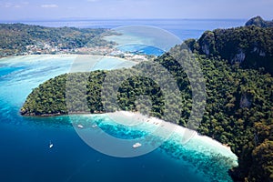 Aerial view of Loh Dalum and tonsai beach in koh Phi Phi islands, Krabi, Thailand