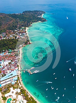 Aerial view of Loh Dalum and tonsai beach in koh Phi Phi islands, Krabi, Thailand