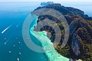 Aerial view of Loh Dalum and tonsai beach in koh Phi Phi islands, Krabi, Thailand