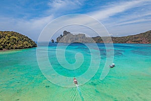 Aerial view of Loh Dalum and tonsai beach in koh Phi Phi islands, Krabi, Thailand