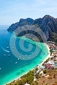 Aerial view of Loh Dalum and tonsai beach in koh Phi Phi islands, Krabi, Thailand