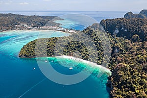 Aerial view of Loh Dalum and tonsai beach in koh Phi Phi islands, Krabi, Thailand