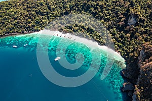 Aerial view of Loh Dalum and tonsai beach in koh Phi Phi islands, Krabi, Thailand