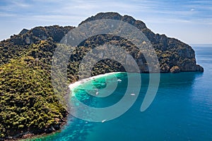 Aerial view of Loh Dalum and tonsai beach in koh Phi Phi islands, Krabi, Thailand