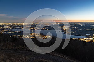 Aerial view of Lombardy and north Italy at dusk with Lake Varese