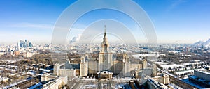 Aerial view of Lomonosov Moscow State University MGU, MSU on Sparrow Hills, Moscow, Russia. Panorama of Moscow with