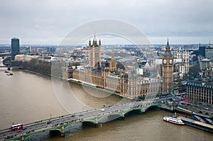 Aerial view of London with Big Ben, Westminster Palace