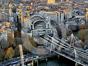 Aerial view from the London Eye, a view of the Charing Cross Train Station, London at sunset