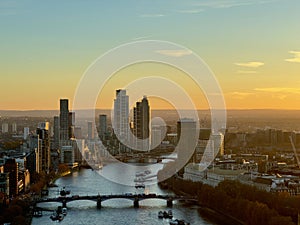 Aerial view of the London Eye, a view of the Vauxhall, London at sunset