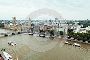 Aerial view from London eye: Westminster Bridge, Big Ben and Ho