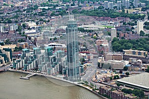 Aerial view of London skyline along River Thames. Vauxhall district
