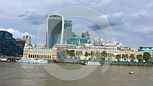 Aerial view of London skyline along Thames river on a summer day, UK