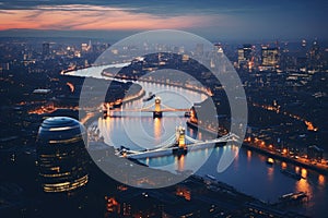 Aerial view of London skyline at night with Tower Bridge, UK, Aerial view of London and the River Thames, AI Generated