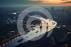 Aerial view of London skyline with Tower Bridge at sunset, UK, Aerial view of London and the River Thames, AI Generated