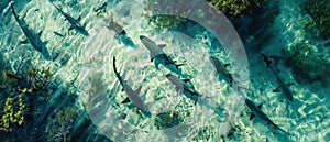 Aerial View of a lone Lemon Shark hunting in the shallow waters of a sand flat