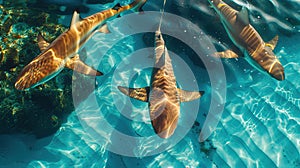 Aerial View of a lone Lemon Shark hunting in the shallow waters of a sand flat