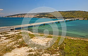 Aerial view of a long bridge above a sea, island Ciovo in Croatia photo