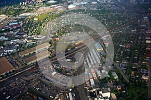 Aerial view of long freight train running in Inglewood, Calgary, Canada