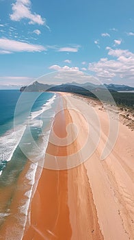 Aerial view of a long sandy beach stretching into the ocean, with waves gently breaking on the shore