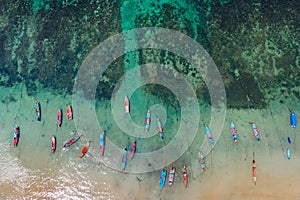 Aerial view of Long tail boats on the sea at Koh Tao island, Thailand