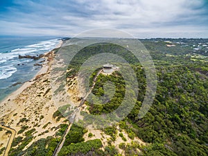Aerial view of long wooden stairs leading to Coppins Lookout gazebo at Sorrento Ocean Beach.