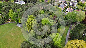 Aerial view looking down on to a cricket pitch bordered by colourful trees and a path