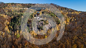 Lookout tower Haj in autumn forest near Nova Bana, Slovakia