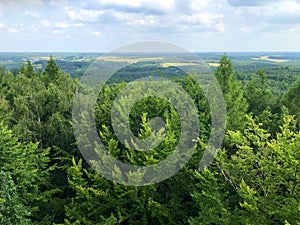 Aerial view from lookout tower at Siemierzycka hill in Poland, Kashubian region