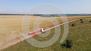 Aerial view of lorry cargo truck driving on dirt road between agricultural wheat fields. Transportation of grain after