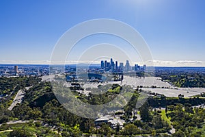 Aerial view of the Los Angeles downtown area with Dodger Stadium