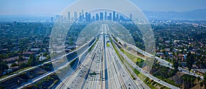 Aerial view of Los Angeles freeways showcasing a complex network of highways and interstates in