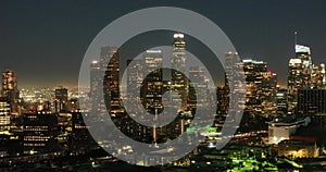 Aerial view of Los Angeles night city. City of Los Angeles cityscape skyline scenic aerial view at sunset. Downtown Los