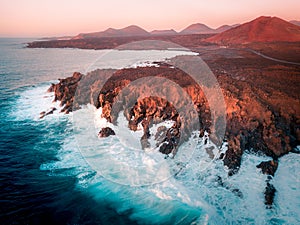 Aerial view of Los Hervideros lava cliffs and ocean. Lanzarote, Canary Islands