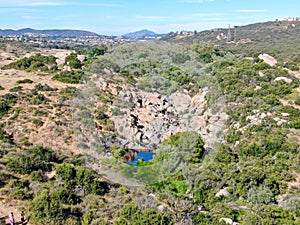 Aerial view of Los Penasquitos Canyon Preserve with the creek waterfall, San Diego