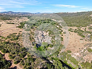 Aerial view of Los Penasquitos Canyon Preserve with the creek waterfall, San Diego