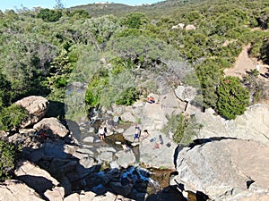 Aerial view of Los Penasquitos Canyon Preserve with the creek waterfall, San Diego