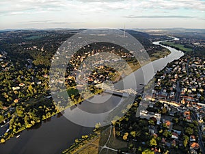 Aerial view of Loschwitz Bridge blue wonder, a cantilever truss bridge over the river Elbe