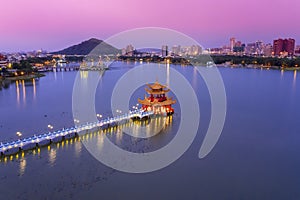 Aerial view Lotus Pond at night. kaohsiung city.