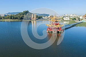 Aerial view Lotus Pond`s Dragon and Tiger Pagodas at morning . kaohsiung city. Taiwan