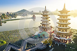 Aerial view Lotus Pond`s Dragon and Tiger Pagodas at morning . kaohsiung city. Taiwan