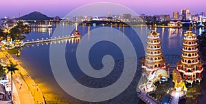 Aerial view Lotus Pond`s Dragon and Tiger Pagodas at night. kaohsiung city.