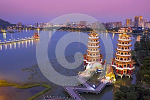 Aerial view Lotus Pond`s Dragon and Tiger Pagodas at night. kaohsiung city.