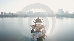 Aerial view lotus pond and  spring autumn pagodas at sunrise, Kaohsiung, Taiwan. Asia