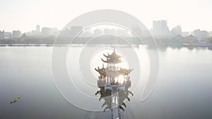 Aerial view lotus pond and  Spring Autumn Pagodas   at sunrise  , Kaohsiung, Taiwan. Asia