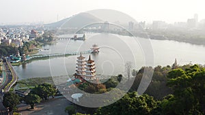 Aerial view lotus pond and  traditional Chinese Pagoda   at sunrise , Kaohsiung, Taiwan. Asia